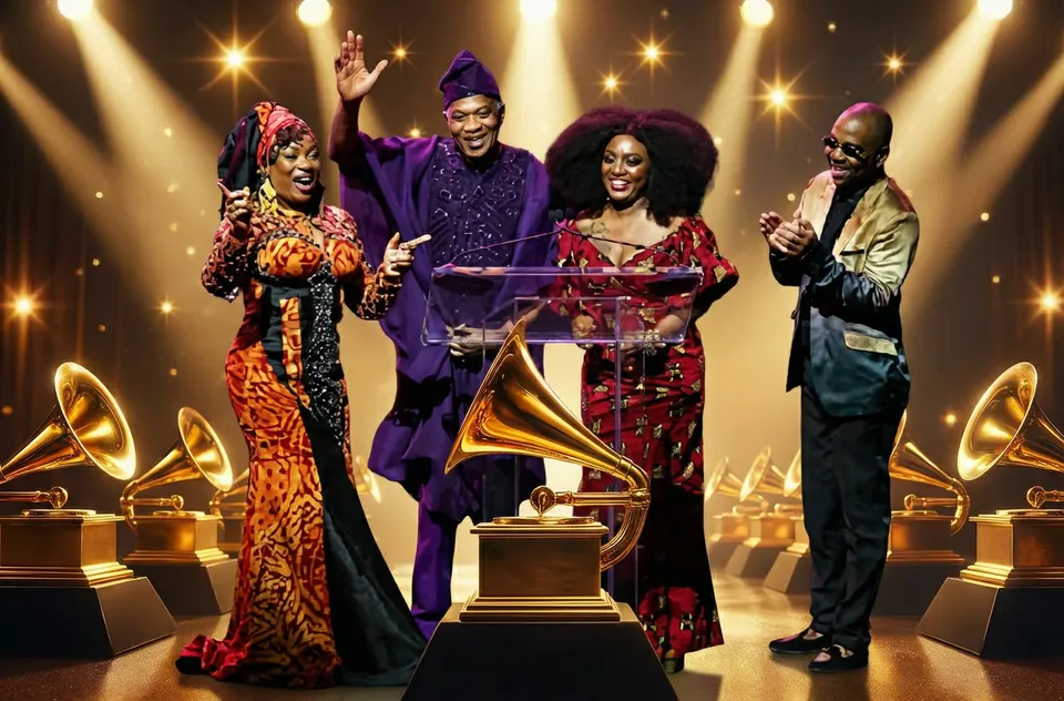 Femi, Yeni, Kunle und Shalewa Kuti auf der Bühne des Wilshire Ebell Theatre bei der Entgegennahme von Felas Preis.
